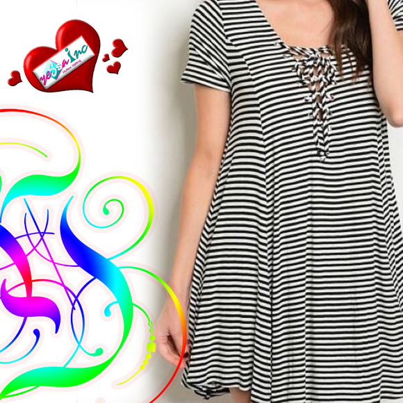 BLACK WHITE STRIPES LACE-UP DRESS - Picture 2 of 4